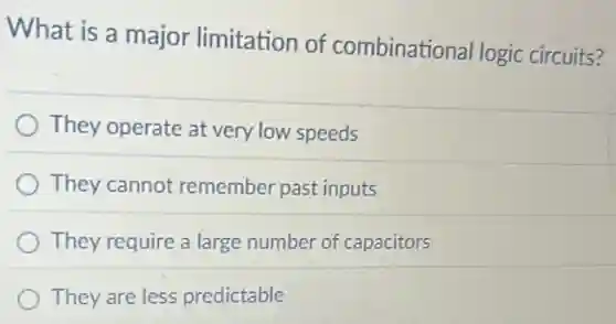What is a major limitation of combinational logic circuits?
They operate at very low speeds
They cannot remember past inputs
They require a large number of capacitors
They are less predictable