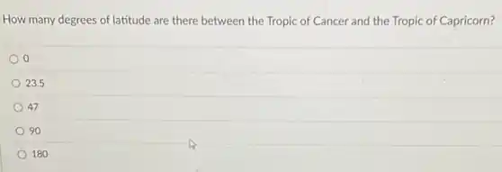 How many degrees of latitude are there between the Tropic of Cancer and the Tropic of Capricorn?
0
23.5
47
90
180