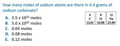 How many moles of sodium atoms are there in 4.4 grams of
sodium carbonate?
A. 2.5times 10^22 moles
6 & 8 & 11
C & 0 & Ns
12.01 & 16.00 & 23.00
B. 5.0times 10^22 moles
C. 0.04 moles
D. 0.08 moles
E. 0.12 moles