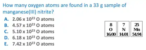 How many oxygen atoms are found in a 33 g sample of
manganese(III)nitrite?
A. 2.06times 10^23 0 atoms
8 7 25
N Mn
16.00 14.01 54.94
B. 4.57times 10^23 0 atoms
C. 5.10times 10^23 0 atoms
D. 6.18times 10^23 O atoms
E. . 7.42times 10^23 0 atoms
