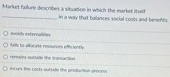 Market failure describes a situation in which the market itself
__
in a way that balances social costs and benefits.
avoids externalities
fails to allocate resources efficiently
remains outside the transaction
incurs the costs outside the production process