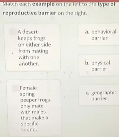 Match each example on the left to the type of
reproductive barrier on the right.
A desert
keeps frogs
on either side
from mating
with one
another.
Female
spring
peeper frogs
only mate
with males
that make a
a. behavioral
barrier
b. physical
barrier
c. geographic
barrier