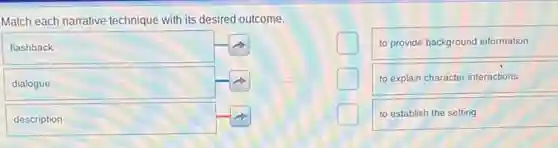 Match each narrative technique with its desired outcome.


flashback & to provide background information 

dialogue & to explain character interactions 

description & to establish the setting