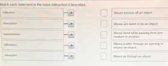 Match each statement to the wave interaction it describes.
reflection & Waves bounce off an object.
absorption & Waves are taken in by an object.
transmission & Waves bend while passing from one medium to another.
diffraction & Waves scatter through an opening or around an object.
retraction & Waves go through an object.