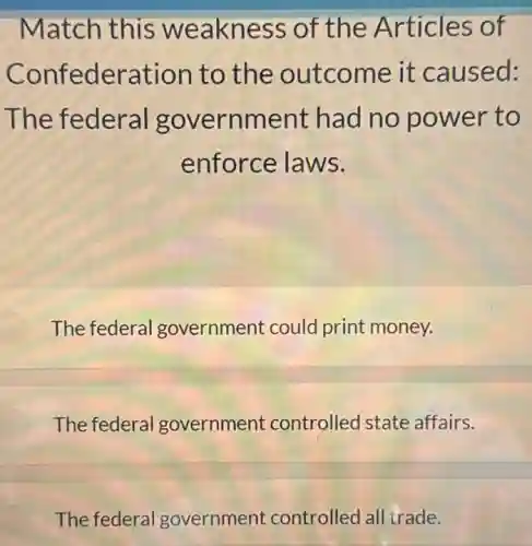 Match this weakness of the Articles of
Confederation to the outcome it caused:
The federal government had no power to
enforce laws.
The federal government could print money.
The federal government controlled state affairs.
The federal government controlled all trade.