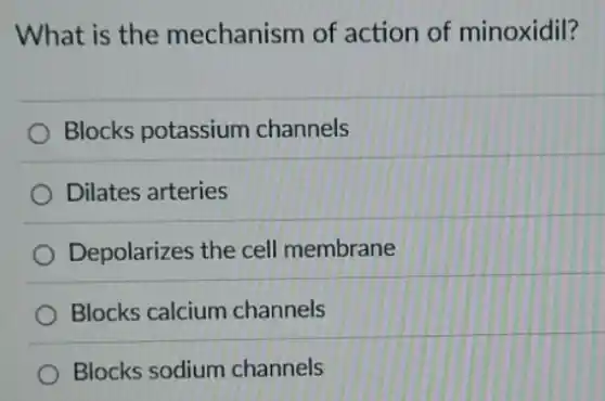 What is the mechanism of action of minoxidil?
Blocks potassium channels
Dilates arteries
Depolarizes the cell membrane
Blocks calcium channels
Blocks sodium channels