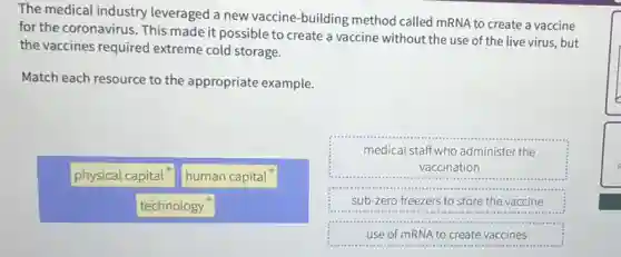 The medical industry leveraged a new vaccine -building method called mRNA to create a vaccine
for the coronavirus. This made it possible to create a vaccine without the use of the live virus, but
the vaccines required extreme cold storage.
Match each resource to the appropriate example.
physical capital
human capital
medical staff who administer the
vaccination
technology
sub-zero freezers to store the vaccine
use of mRNA to create vaccines