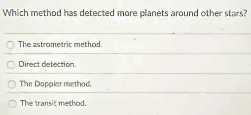 Which method has detected more planets around other stars?
The astrometric method.
Direct detection.
The Doppler method.
The transit method.