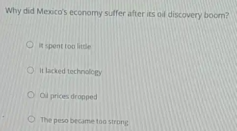 Why did Mexico's economy suffer after its oil discovery boom?
It spent too little
It lacked technology
Oil prices dropped
The peso became too strong