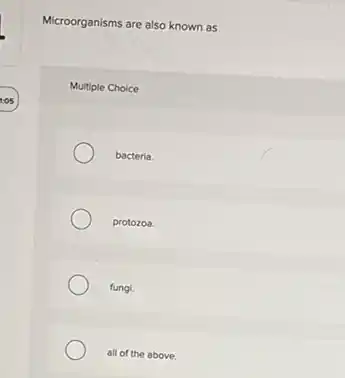 Microorganisms are also known as
Multiple Choice
bacteria.
protozoa.
fungl.
all of the above.