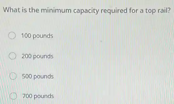 What is the minimum capacity required for a top rail?
100 pounds
200 pounds
500 pounds
700 pounds