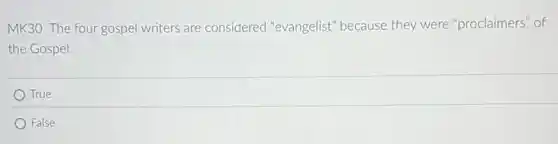 MK30. The four gospel writers are considered "evangelist" because they were "proclaimers" of
the Gospel.
True
False