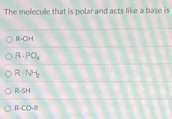 The molecule that is polar and acts like a base is
R-OH
R-PO_(4)
R-NH_(2)
R-SH
R-CO-R