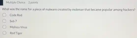 Multiple Choice 2 points
What was the name for a piece of malware created by mobman that became popular among hackers?
Code Red
Sub 7
Melissa Virus
Red Tiger
