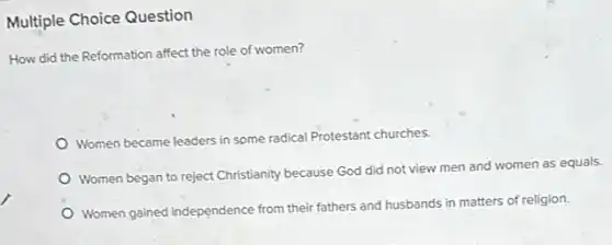 Multiple Choice Question
How did the Reformation affect the role of women?
Women became leaders in some radical Protestant churches.
Women began to reject Christianity because God did not view men and women as equals.
Women gained independence from their fathers and husbands in matters of religion.