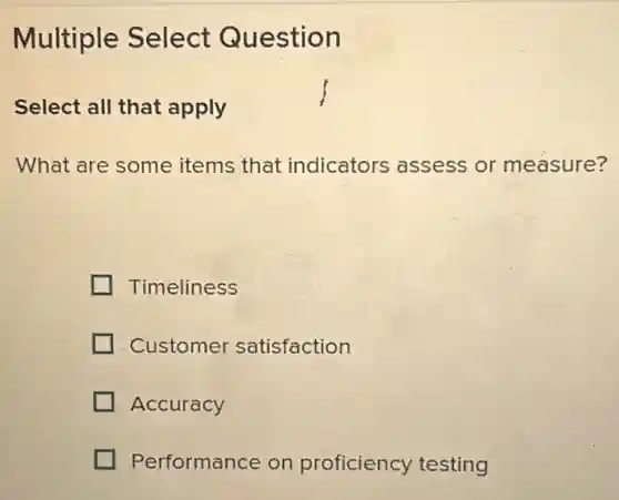 Multiple Select Question
Select all that apply
What are some items that indicators assess or measure?
Timeliness
Customer satisfaction
Accuracy
Performance on proficiency testing