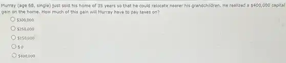Murray (age 68, single)just sold his home of 35 years so that he could relocate nearer his grandchildren. He realized a 400,000 capital
gain on the home.How much of this gain will Murray have to pay taxes on?
300,000
250,000
150,000
0
400,000