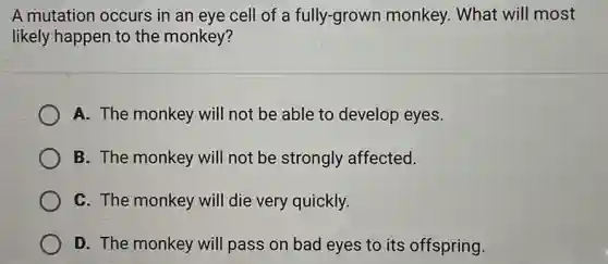 A mutation occurs in an eye cell of a fully-grown monkey. What will most
likely happen to the monkey?
A. The monkey will not be able to develop eyes.
B. The monkey will not be strongly affected.
C. The monkey will die very quickly.
D. The monkey will pass on bad eyes to its offspring.