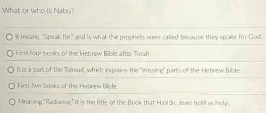 What or who is Nabu?
It means, "Speak for;and is what the prophets were called because they spoke for God.
First four books of the Hebrew Bible after Torah
It is a part of the Talmud, which explains the "missing" parts of the Hebrew Bible.
First five books of the Hebrew Bible
Meaning "Radiance," it is the title of the Book that Hasidic Jews hold as holy.