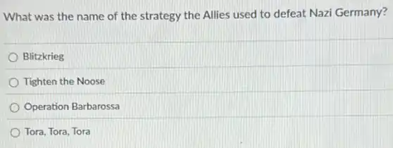 What was the name of the strategy the Allies used to defeat Nazi Germany?
Blitzkrieg
Tighten the Noose
Operation Barbarossa
Tora, Tora, Tora