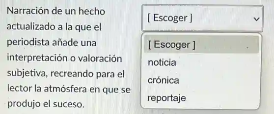 Narración de un hecho
actualizado a la que el
periodista añade una
interpretación o valoración
subjetiva , recreando para el
lector la atmósfera en que se
produjo el suceso.
square 
square 
[ Escoger ]
noticia
crónica