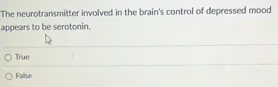 The neurotransmitter involved in the brain's control of depressed mood
appears to be serotonin.
True
False