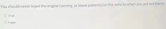 You should never leave the engine running, or leave patient(s) in the vehicle when you are not there.
True
False