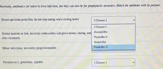 Normally, antibiotics are taken to treat infection, but they can also be for prophylactic measures. Match the antibiotic with its purpose.
Broad-spectrum penicillin; do not stop taking when feeling better
square 
disappointed
[Choose]
[Choose]
Amoxicillin
Penicillin V
Ampicillin
Dental patients at risk:bacterial endocarditis and given before, during, and
after treatment
Minor infections, ulcerative gingivostomatitis
Pneumococci, gonorrhea, syphilis
square