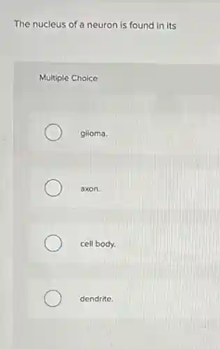 The nucleus of a neuron is found in its
Multiple Choice
glioma.
axon.
cell body.
dendrite.