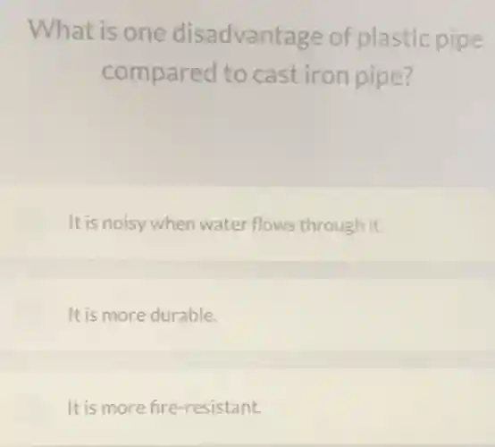 What is one disadvantage of plastic pipe
compared to cast iron pipe?
It is noisy when water flows through it.
It is more durable.
It is more fire-resistant.