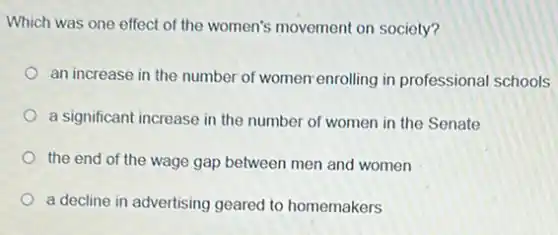 Which was one effect of the women's movement on society?
an increase in the number of women-enrolling in professional schools
a significant increase in the number of women in the Senate
the end of the wage gap between men and women
a decline in advertising geared to homemakers
