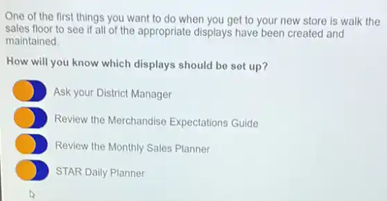 One of the first things you want to do when you get to your new store is walk the
sales floor to see if all of the appropriate displays have been created and
maintained.
How will you know which displays should be set up?
Ask your District Manager
Review the Merchandise Expectations Guide
Review the Monthly Sales Planner
STAR Daily Planner