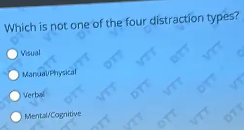 Which is not one of the four distraction types?
Visual
Manual/Physical
Verbal
Mental/Cognitive