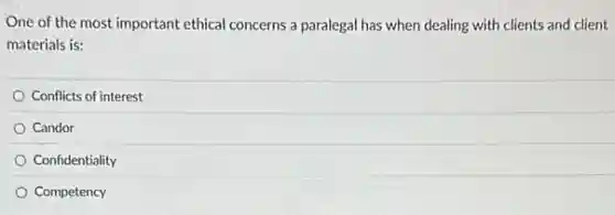 One of the most important ethical concerns a paralegal has when dealing with clients and client
materials is:
Conflicts of interest
Candor
Confidentiality
Competency