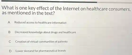 What is one key effect of the Internet on healthcare consumers,
as mentioned in the text?
Reduced access to healthcare information
B Decreased knowledge about drugs and healthcare
C Creation of virtual communities of patients
D Lower demand for pharmaceutical brands