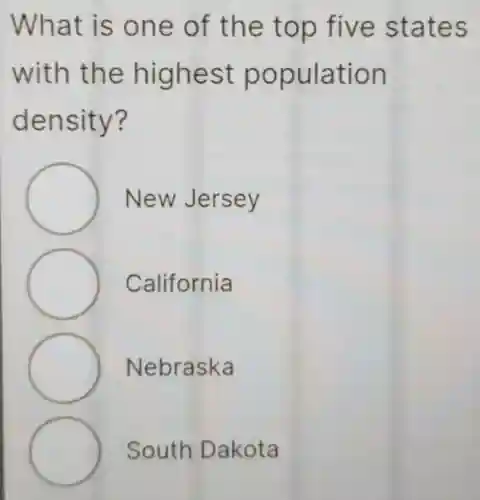 What is one of the top five states
with the highest population
density?
New Jersey
California
Nebraska
South Dakota