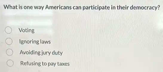 What is one way Americans can participate in their democracy?
Voting
Ignoring laws
Avoiding jury duty
Refusing to pay taxes