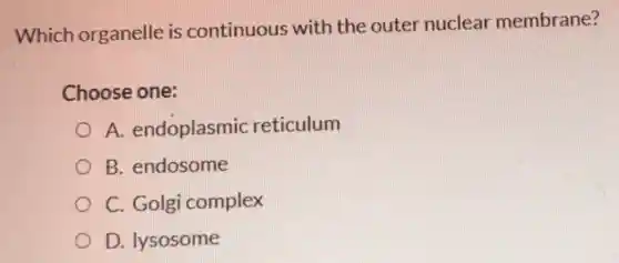 Which organelle is continuous with the outer nuclear membrane?
Choose one:
A endoplasmic reticulum
B. endosome
C. Golgi complex
D. lysosome