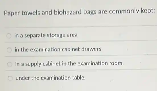 Paper towels and biohazard bags are commonly kept:
in a separate storage area.
in the examination cabinet drawers.
in a supply cabinet in the examination room.
under the examinatior table.
