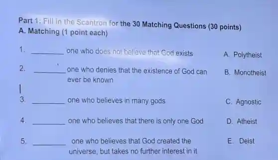 Part 1: Fill in the Scantron for the 30 Matching Questions (30 points)
A. Matching (1 point each)
1. __ one who does not believe that God exists
2. __ one who denies that the existence of God can
ever be known
3. __ one who believes in many gods
4. __ one who believes that there is only one God
5. __ one who believes that God created the
universe, but takes no further interest in it
A. Polytheist
B. Monotheist
C. Agnostic
D. Atheist
E. Deist