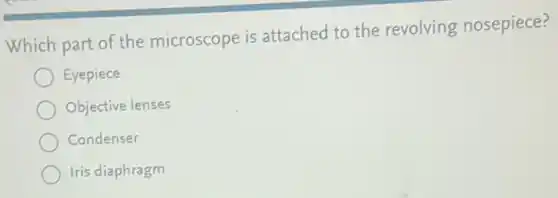 Which part of the microscope is attached to the revolving nosepiece?
Eyepiece
Objective lenses
Condenser
Iris diaphragm