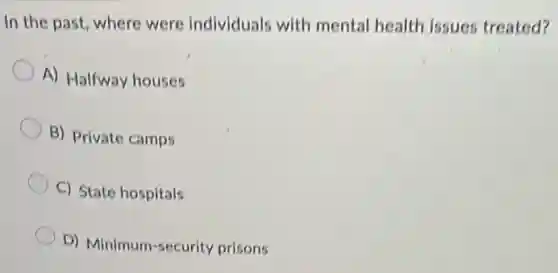In the past, where were individuals with mental health issues treated?
A) Halfway houses
B) Private camps
C) State hospitals
D) Minimum-security prisons