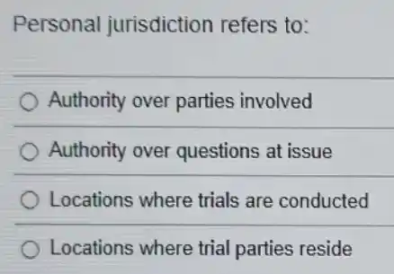 Personal jurisdiction refers to:
Authority over parties involved
Authority over questions at issue
Locations where trials are conducted
Locations where trial parties reside