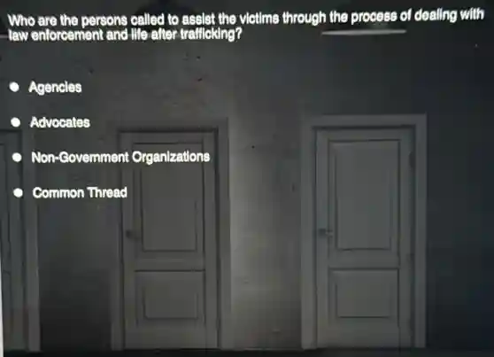 Who are the persons celled to assist the victims through the process of dealing with
-law enforcement and life after trafficking?
Agencles
Advocates
Non-Government Organizations
Common Thread