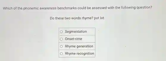 Which of the phonemic awareness benchmarks could be assessed with the following question?
Do these two words rhyme? pot lot
Segmentation
Onset-rime
Rhyme generation
Rhyme recognition