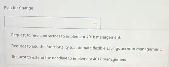 Plan for Change
square 
Request to hire contractors to implement 401k management.
Request to add the functionality to automate flexible savings account management.
Request to extend the deadline to implement 401k management.