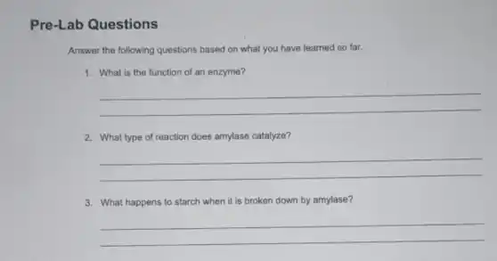 Pre-Lab Questions
Answer the following questions based on what you have learned so far.
1. What is the function of an enzyme?
__
2. What type of reaction does amylase catalyze?
__
3. What happens to starch when it is broken down by amylase?
__