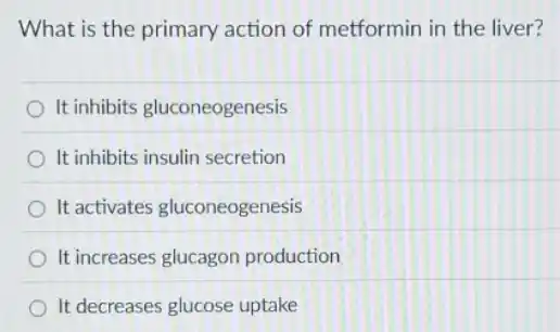 What is the primary action of metformin in the liver?
It inhibits gluconeogenesis
It inhibits insulin secretion
It activates gluconeogenesis
It increases glucagon production
It decreases glucose uptake