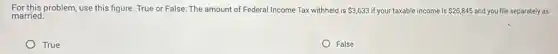 For this problem, use this figure. True or False:The amount of Federal Income Tax withheld is 3,633 if your taxable income is 26,845 and you file separately as
married.
True
False