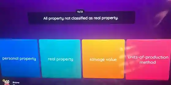 All property not classified as real property.
personal property real property salvage value
units-of-production
method